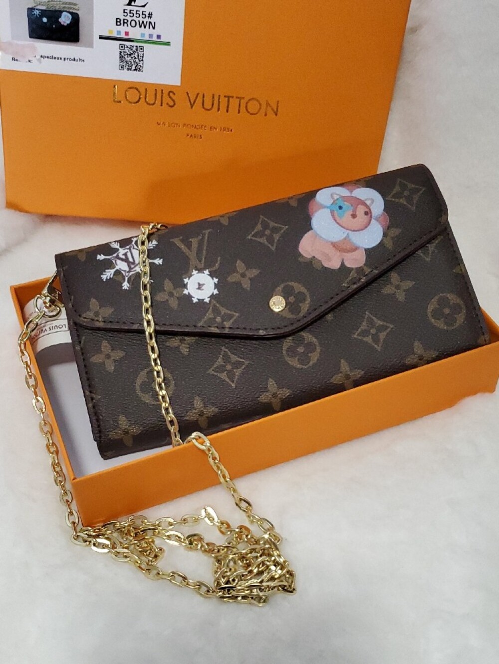 Gorgeous Brown Monogram Floral Crossbody Wallet with Gold Chain